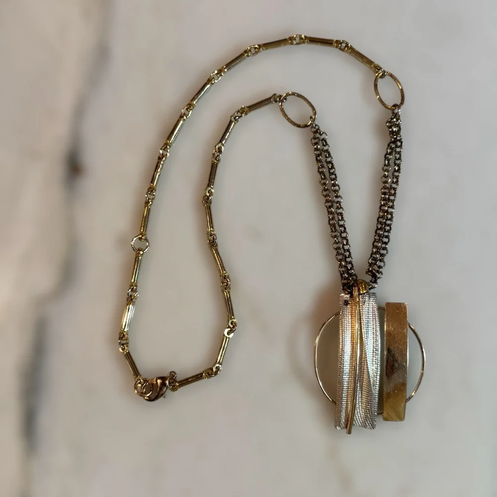 Retro 80s Gold and Silver Modern Multi-Bar Pendant Necklace
